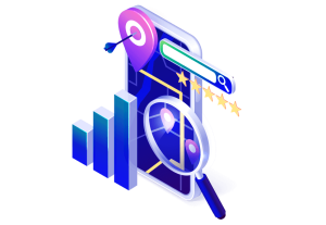 Analyzing digital marketing data on smartphone with magnifying glass and chart