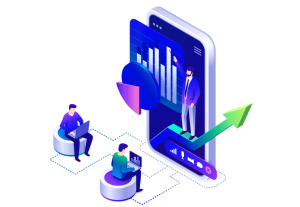 Cellphone with performance graph and team icons showing mobile ad campaign management